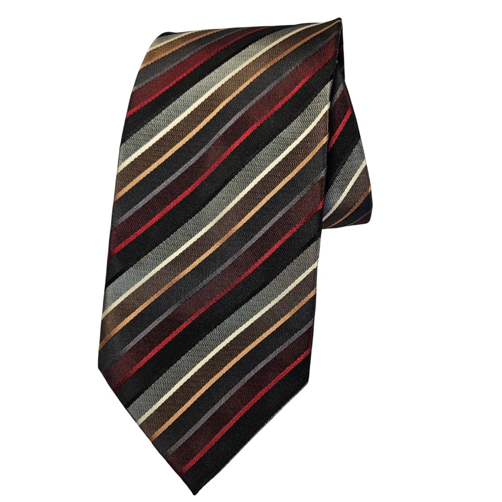 Valerio Garati Mens Silk Necktie Handmade Diagonal Striped Black Red Grey Tan